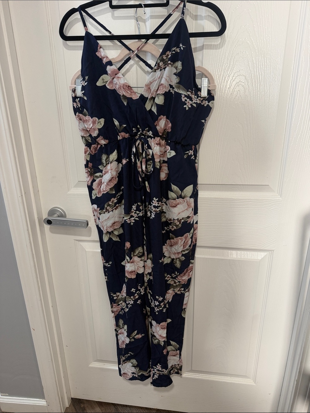 Navy Floral Sleeveless Jumpsuit with Tie Waist